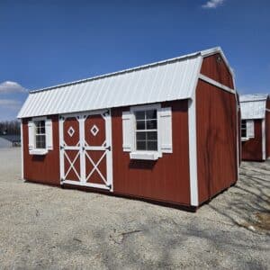 10x20 Lofted Garden Shed Red white shutters flower boxes