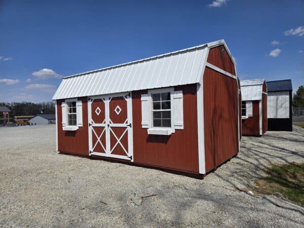 10x20 Lofted Garden Shed Red white shutters flower boxes