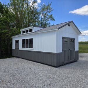 12x24 Villa Shed white charcoal with black windows