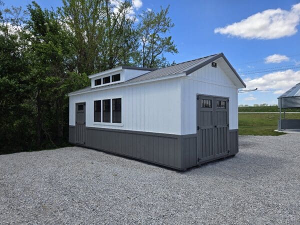 12x24 Villa Shed white charcoal with black windows