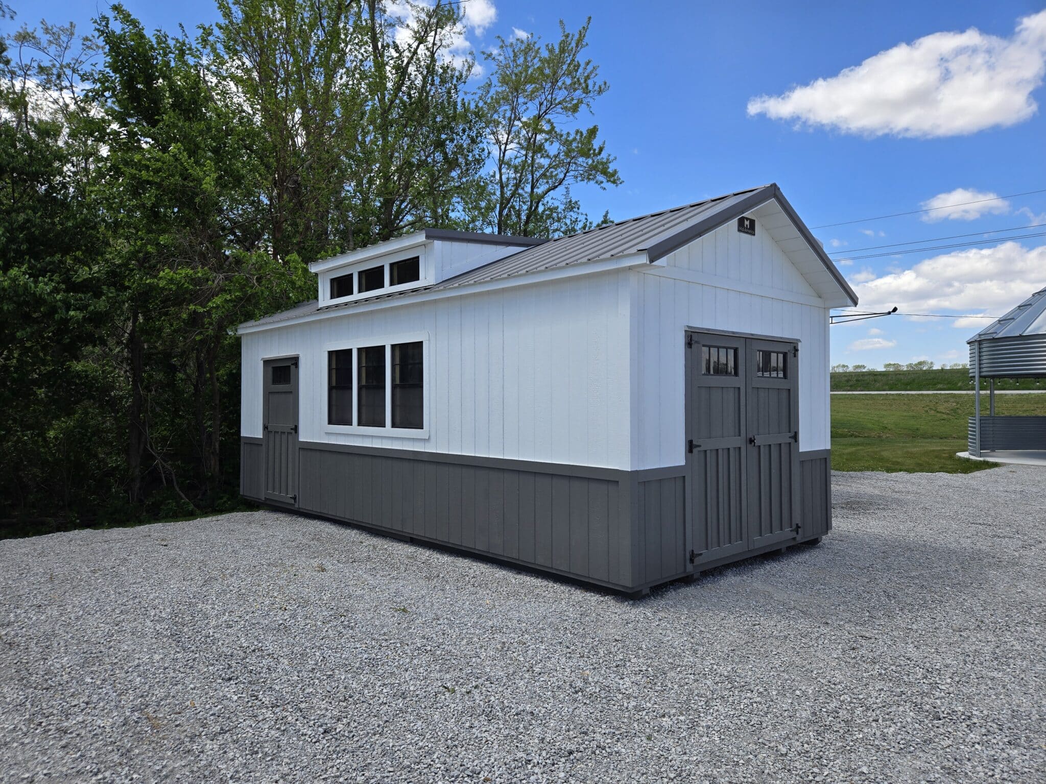 12x24 Villa Shed white charcoal with black windows