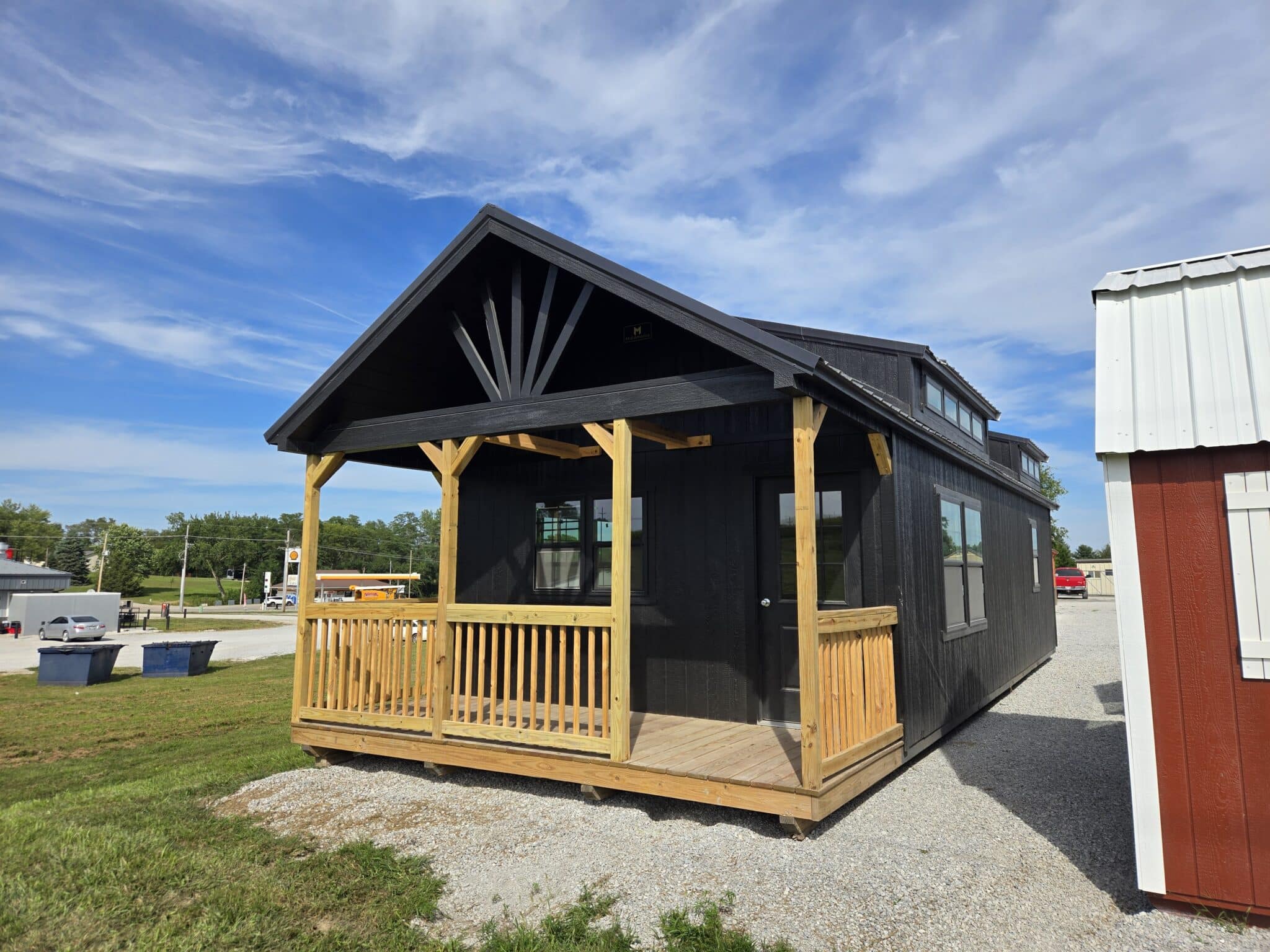 16x40 Black Swiss Cabin with Porch