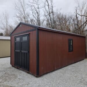 12x24 Lofted Utility Shed black and rustic red, black windows