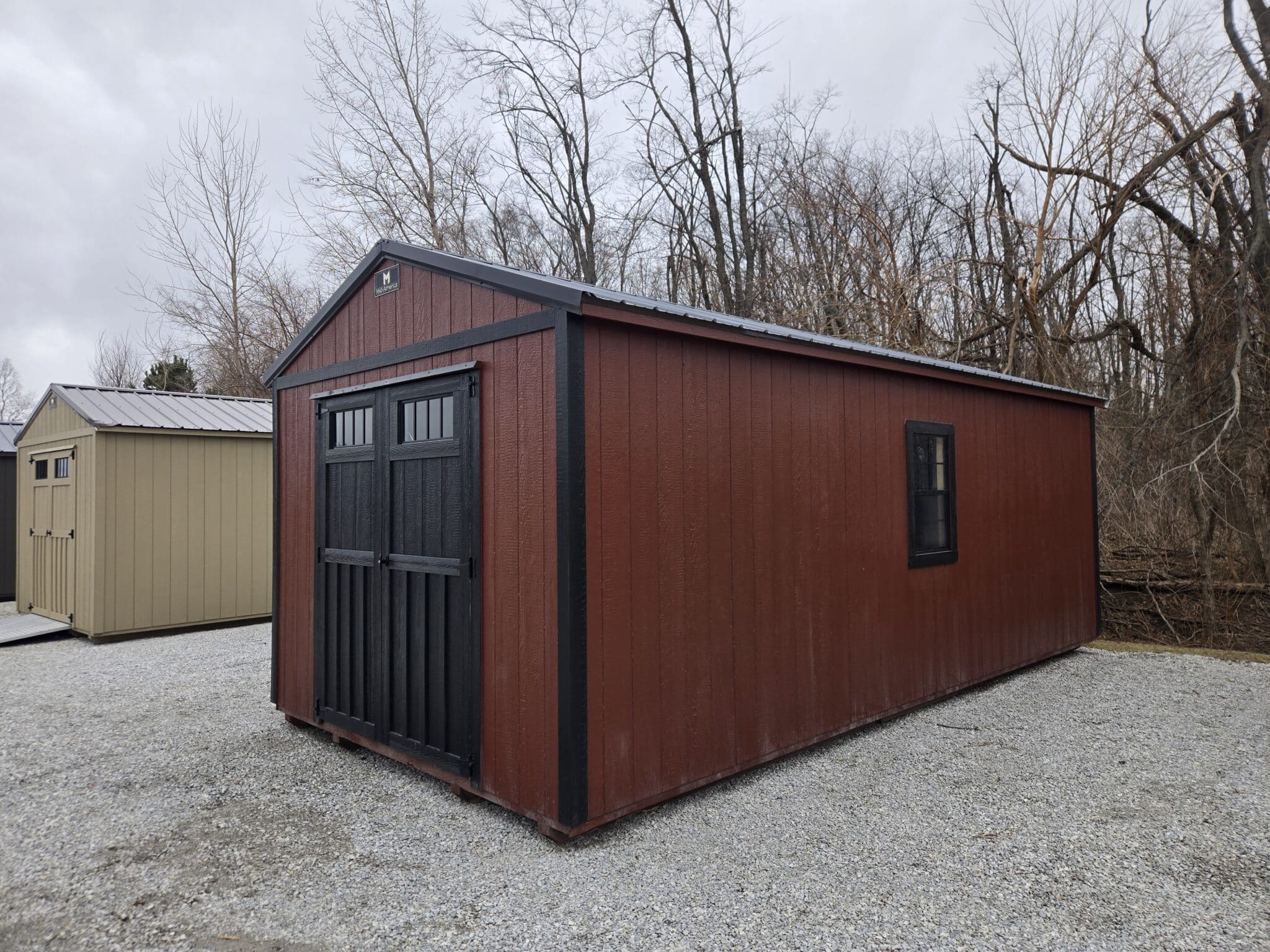 12x24 Lofted Utility Shed black and rustic red, black windows